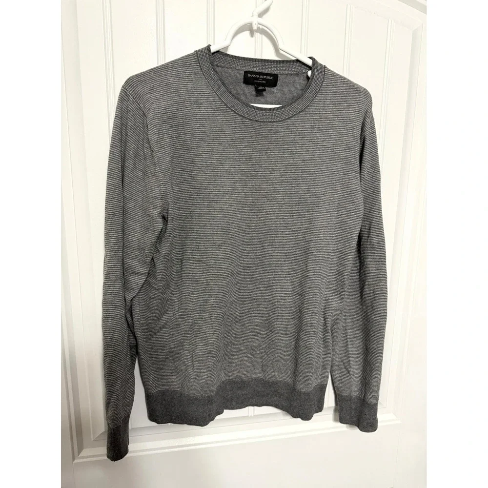 Banana Republic Eco Sweater Mens M Grey Micro Stripe Crewneck Long Sleeve Knit